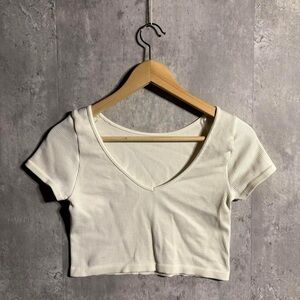 Classic White Ribbed V-Neck Crop Top